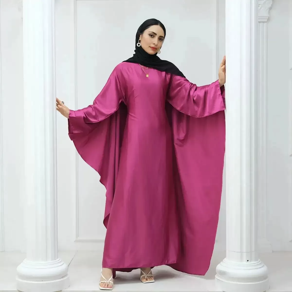 Butterfly Batwing Sleeve Satin Farasha Abaya Dress With Inner Belt