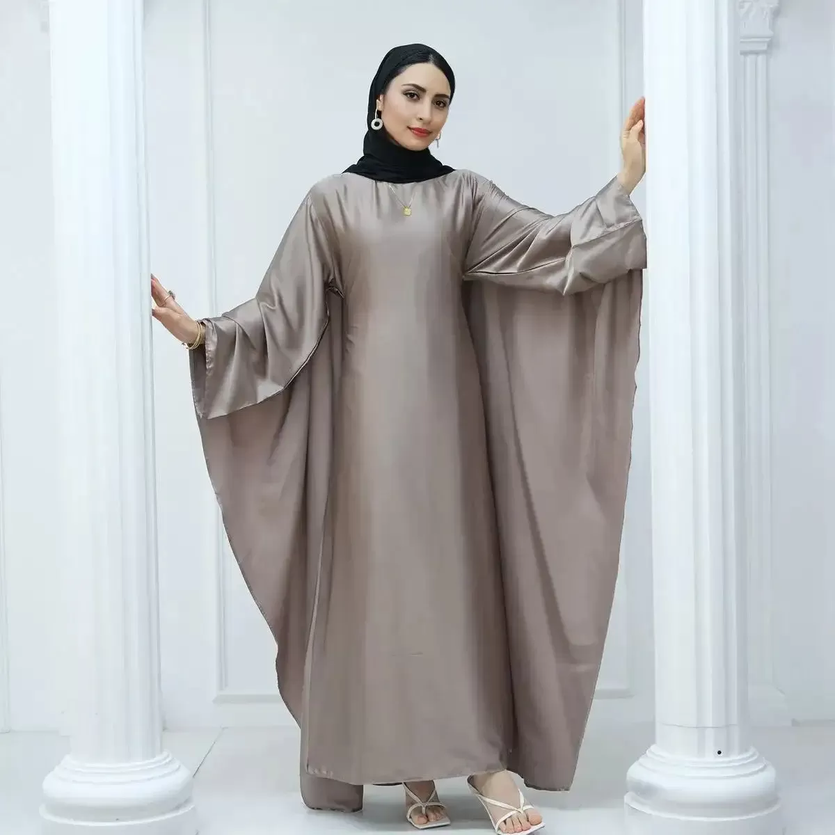 Butterfly Batwing Sleeve Satin Farasha Abaya Dress With Inner Belt