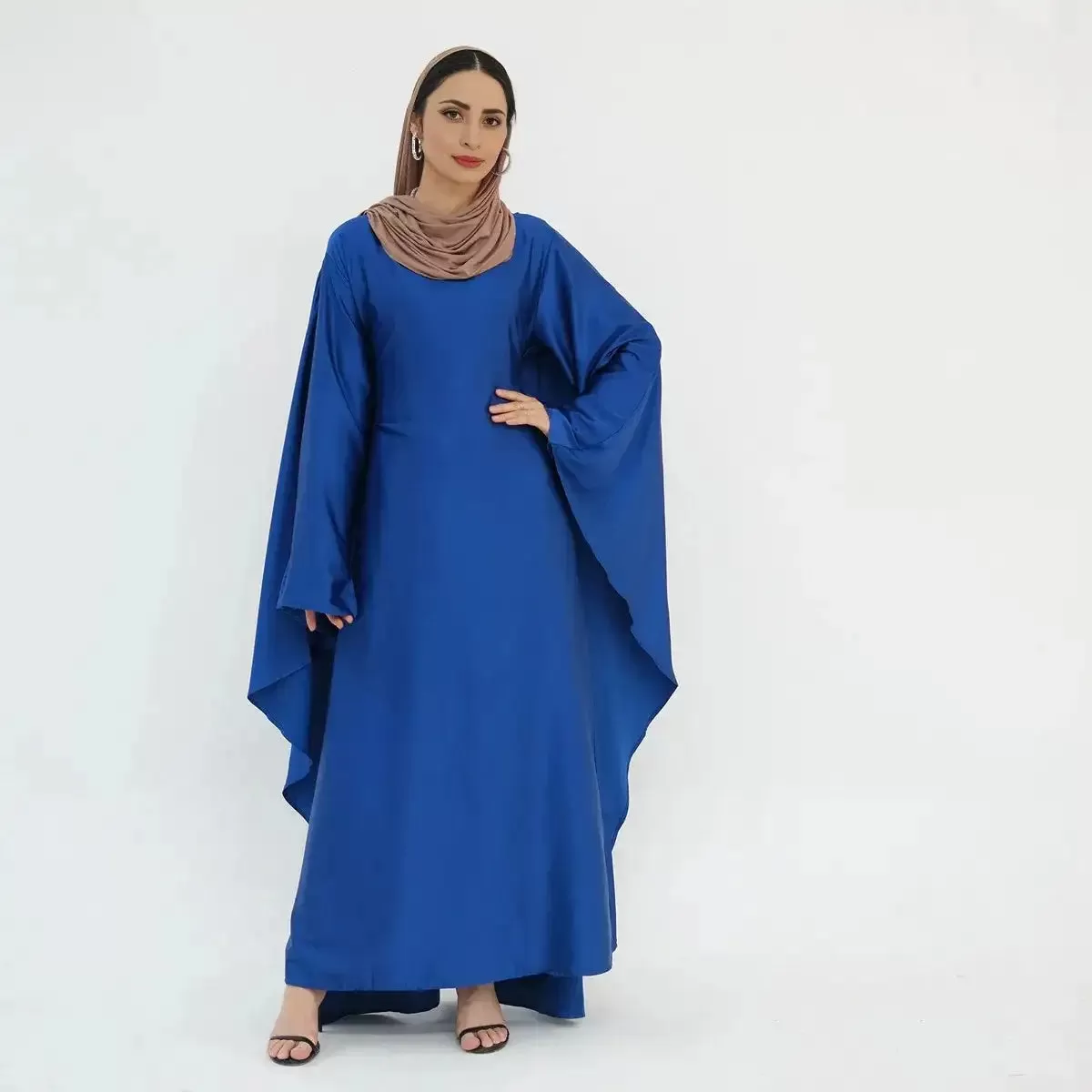 Butterfly Batwing Sleeve Satin Farasha Abaya Dress With Inner Belt