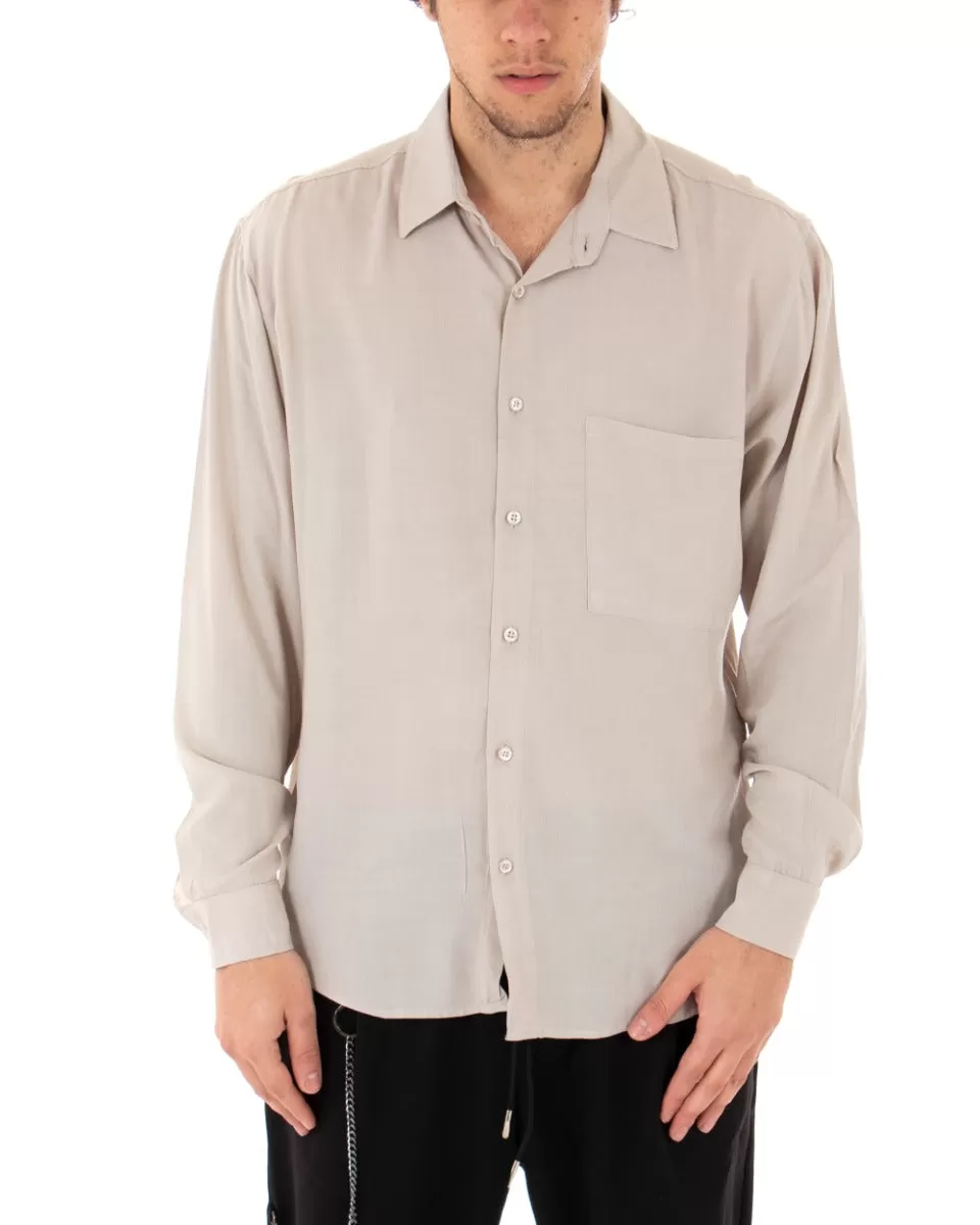 Camicia Uomo Con Colletto Manica Lunga Viscosa Beige Oversize Tinta Unita GIOSAL-C1915A