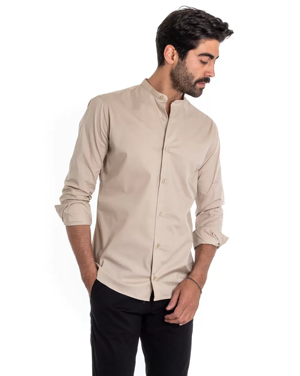 Camicia Uomo Sartoriale Collo Coreano Manica Lunga Basic Cotone Morbido Beige Regular Fit GIOSAL-C2373A