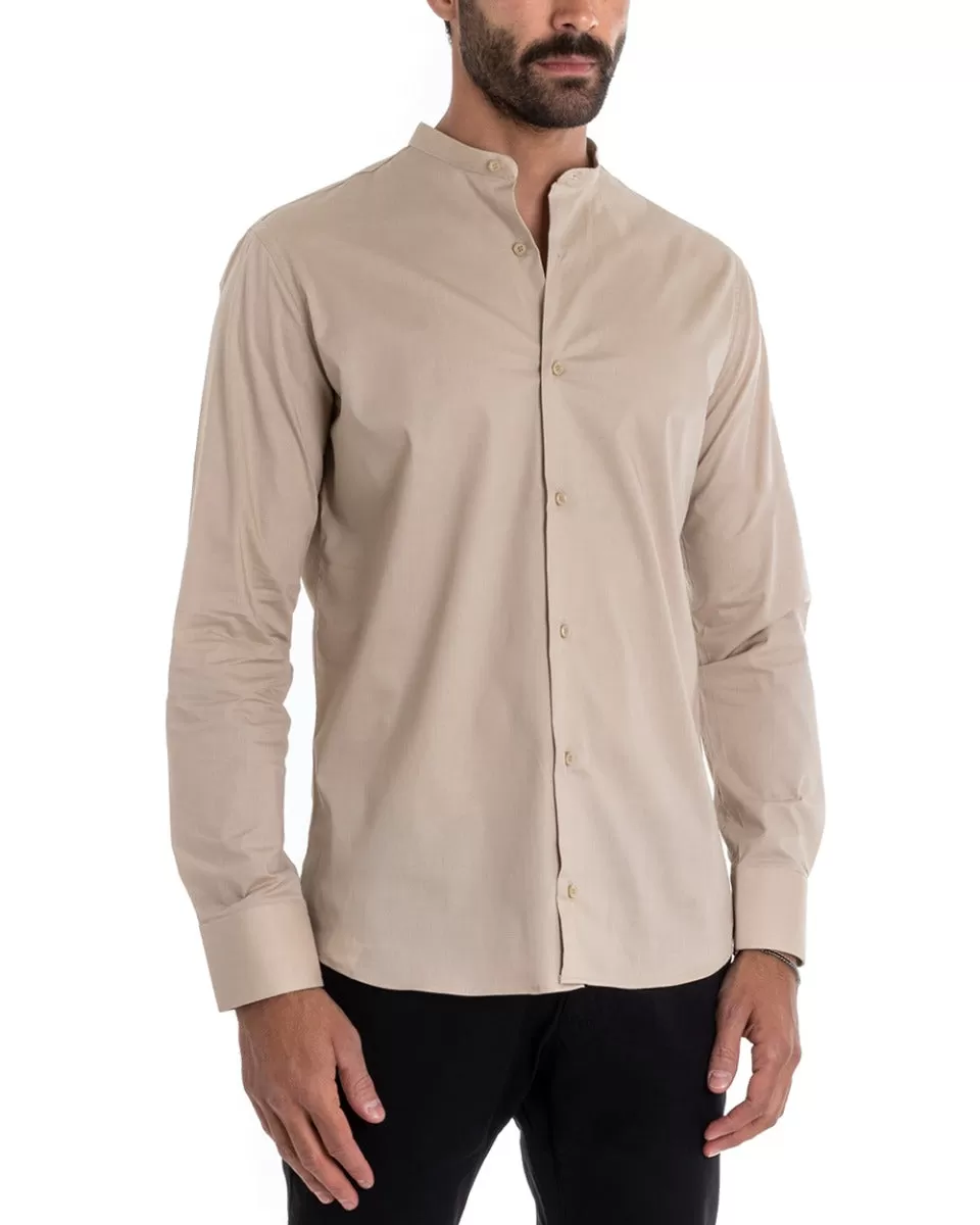 Camicia Uomo Sartoriale Collo Coreano Manica Lunga Basic Cotone Morbido Beige Regular Fit GIOSAL-C2373A