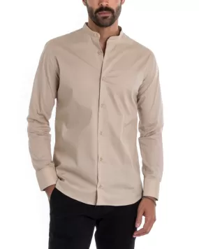 Camicia Uomo Sartoriale Collo Coreano Manica Lunga Basic Cotone Morbido Beige Regular Fit GIOSAL-C2373A