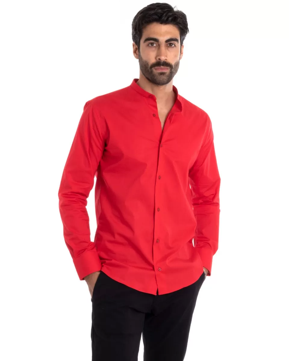 Camicia Uomo Sartoriale Collo Coreano Manica Lunga Basic Cotone Morbido Rosso Regular Fit GIOSAL-C2376A