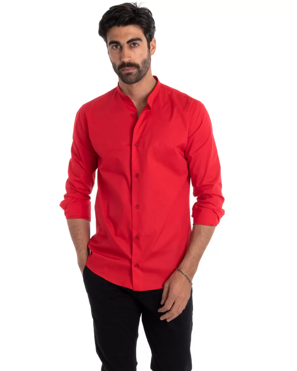 Camicia Uomo Sartoriale Collo Coreano Manica Lunga Basic Cotone Morbido Rosso Regular Fit GIOSAL-C2376A