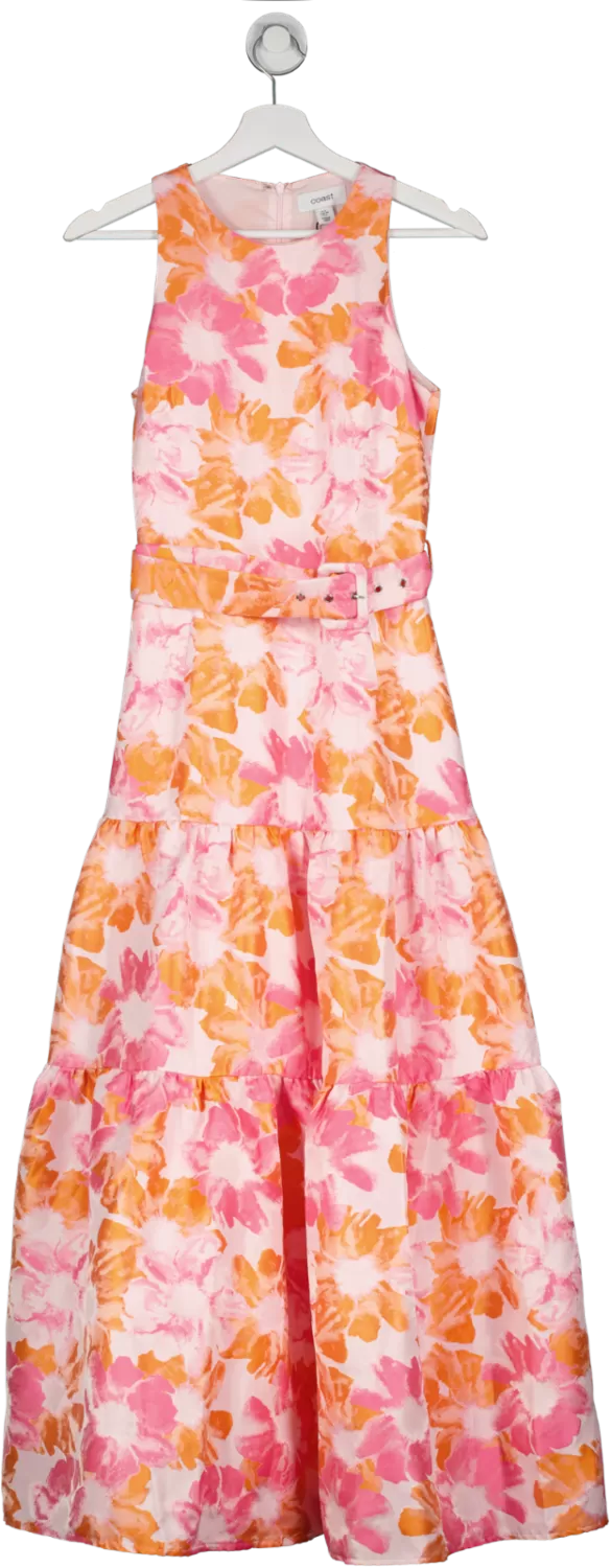 Coast Pink Belted Midi Dress With Frill Hem In Jacquard UK 8