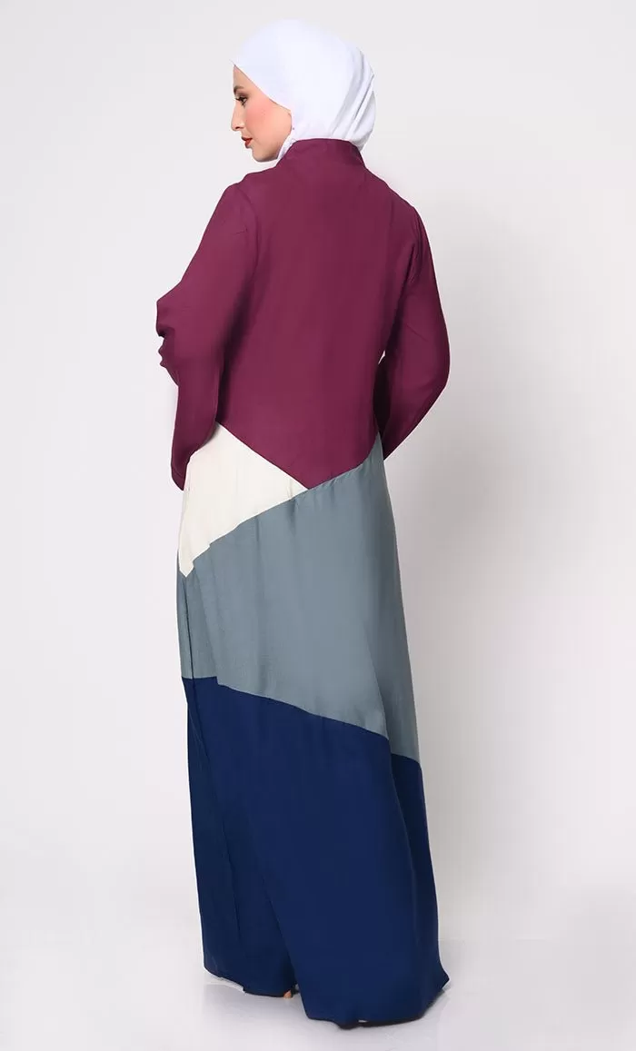 Contemporary Elegance: Abaya with Captivating Color-Blocking Panels and Practical Pockets