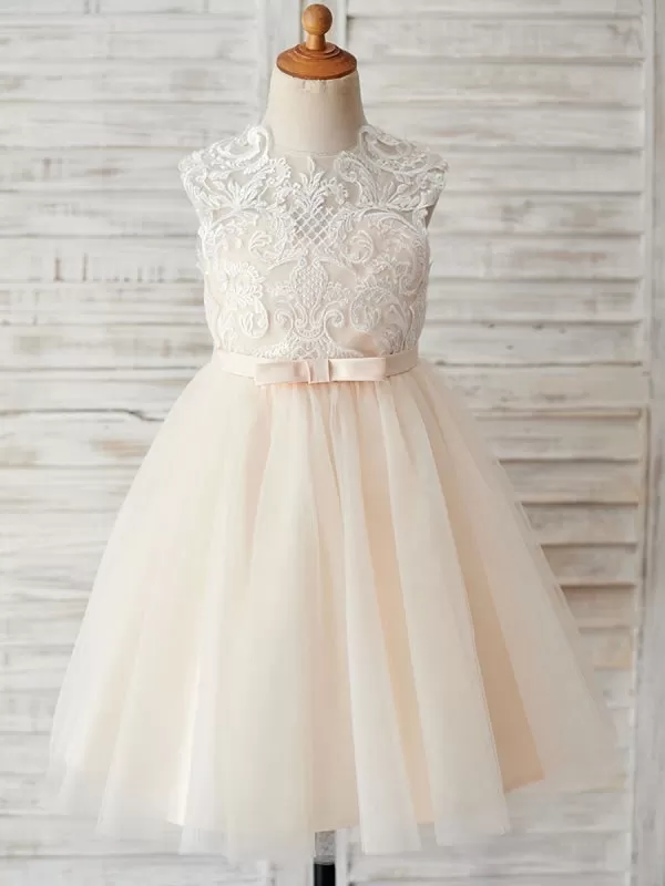 Cute Jewel Neck Lace Tulle Flower Girl Dresses Champagne Sleeveless Pearls Formal Dress for Kids