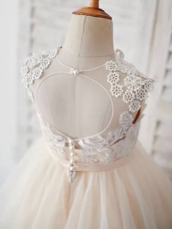 Cute Jewel Neck Lace Tulle Flower Girl Dresses Champagne Sleeveless Pearls Formal Dress for Kids