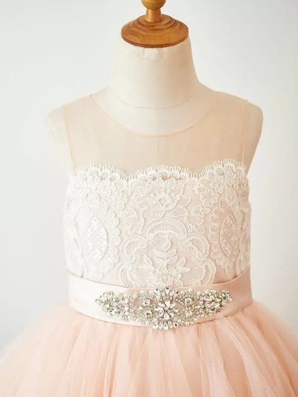 Cute Peach Short Tulle Lace Flower Girl Dresses Jewel Neck Sleeveless Knee-Length Princess Silhouette Kids Party Dresses