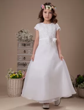 Cute White A-Line Satin Ankle-Length Flower Girl Dress for Wedding