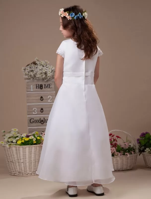 Cute White A-Line Satin Ankle-Length Flower Girl Dress for Wedding