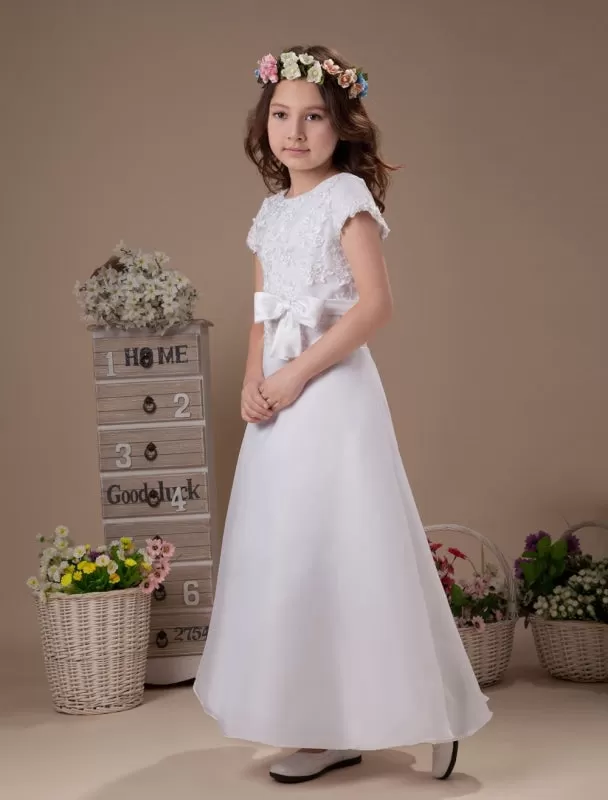 Cute White A-Line Satin Ankle-Length Flower Girl Dress for Wedding