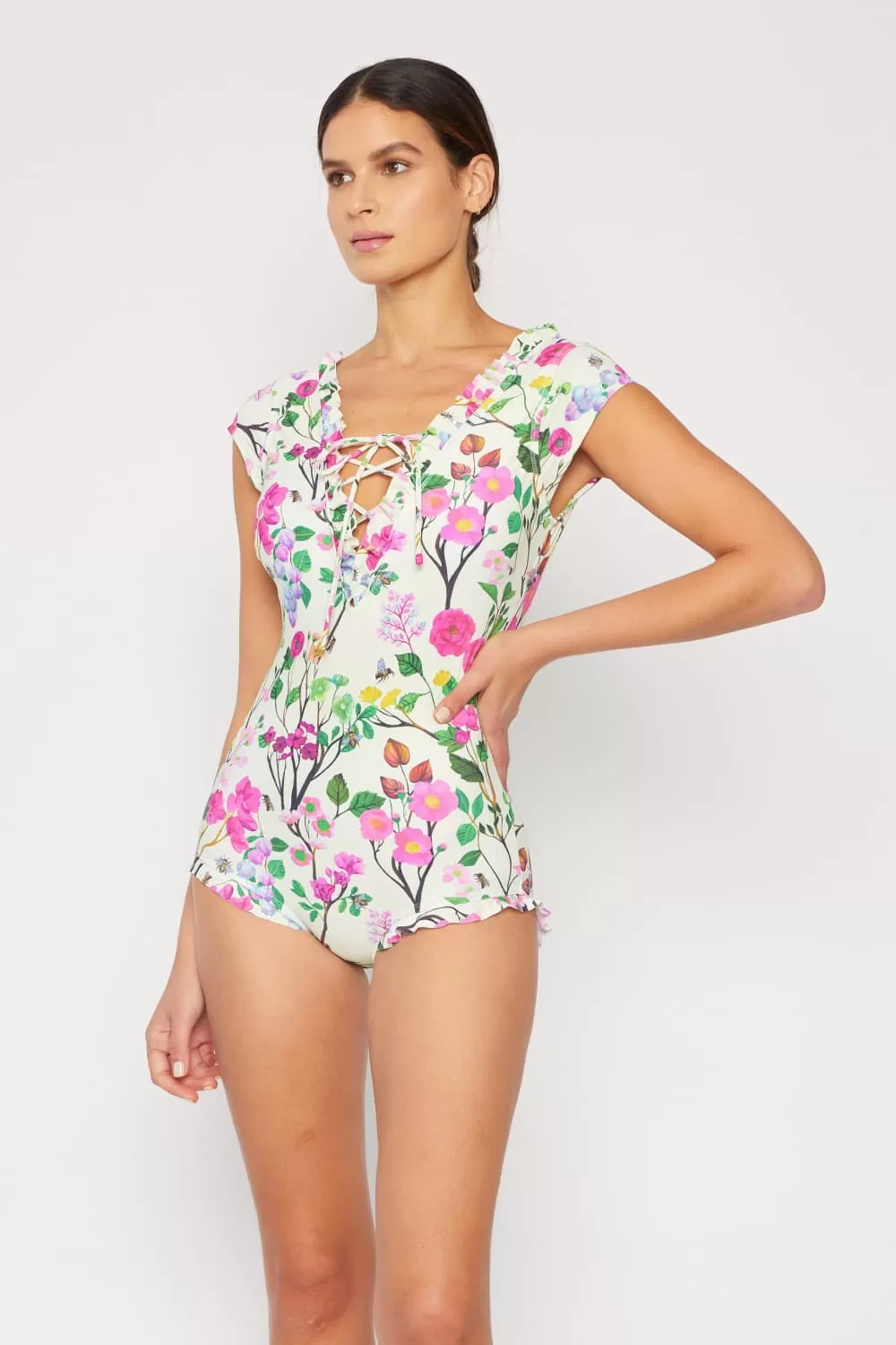 Damen Marina West Swim Bring Me Flowers Einteiliger Badeanzug mit V-Ausschnitt, Kirschblüten-Creme, Mutter-Tochter-Bademode