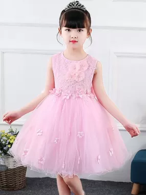 Dreamful Pink Tulle Flower Girl Dresses Jewel Neck Sleeveless Bows Kids Party Dresses