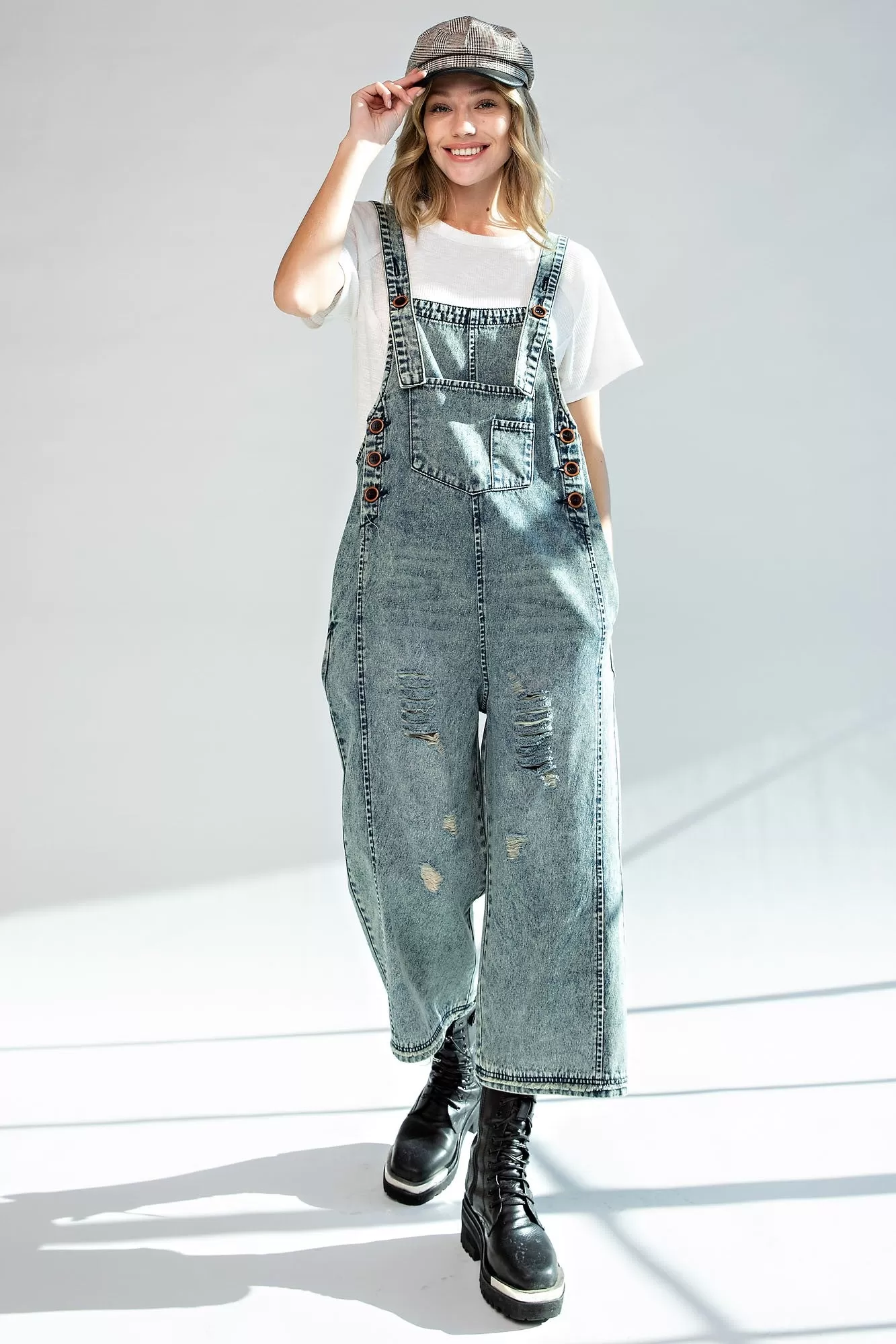 Easel Washed Denim Loose Fit Overalls