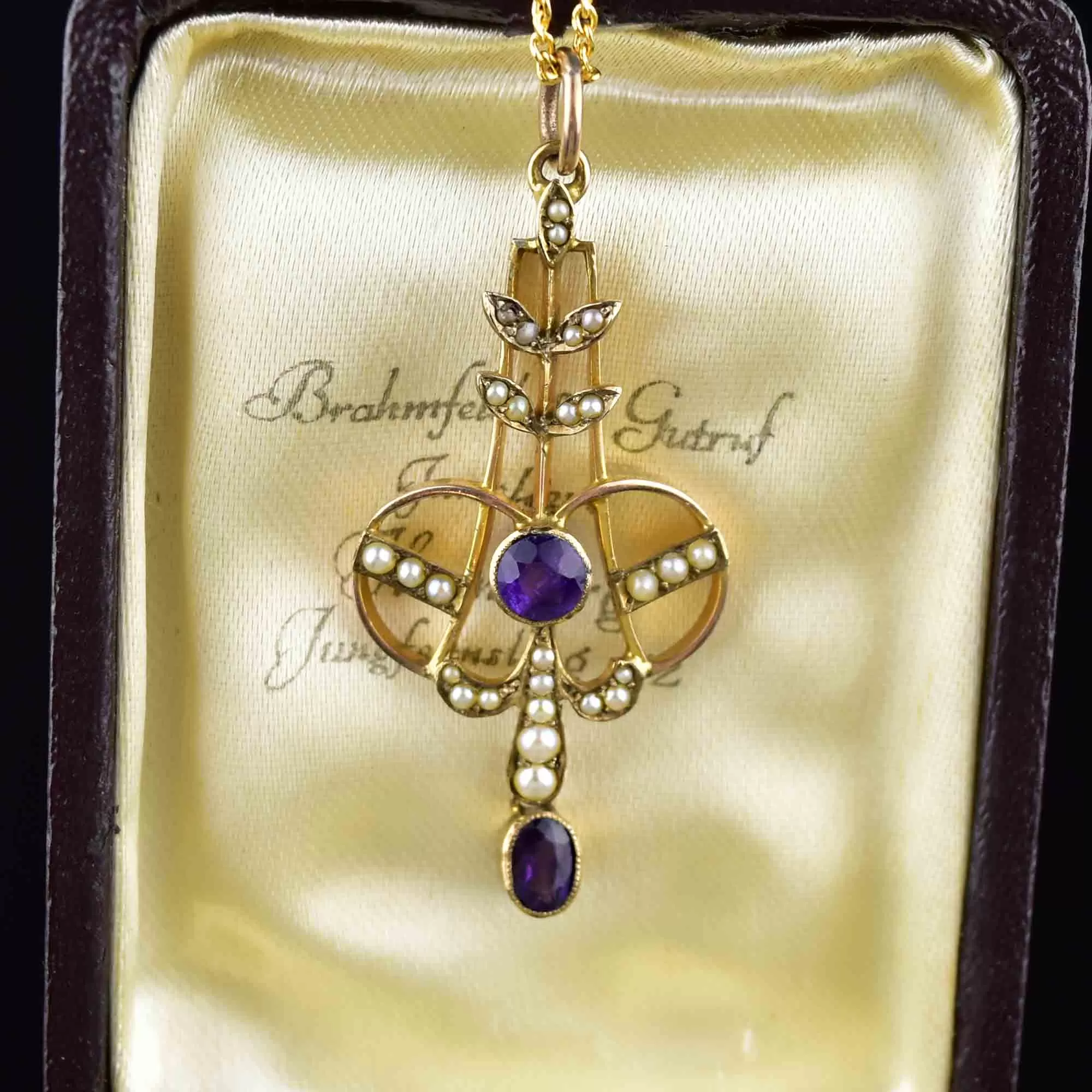 Edwardian Gold Amethyst Seed Pearl Lavaliere Necklace