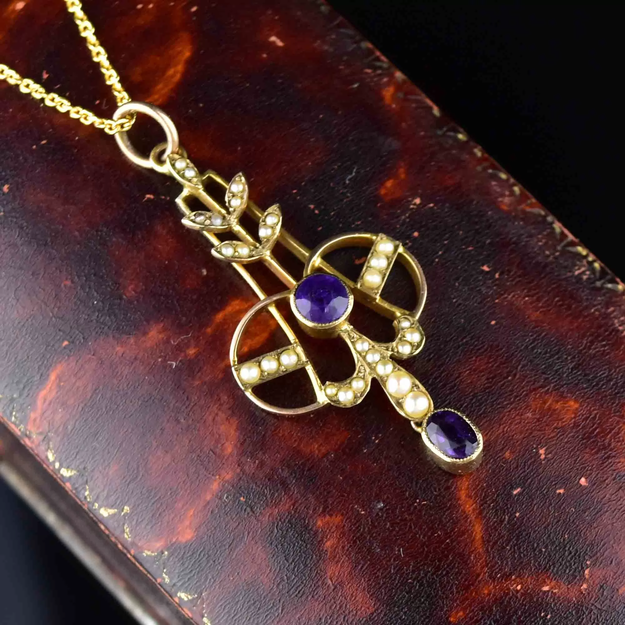 Edwardian Gold Amethyst Seed Pearl Lavaliere Necklace