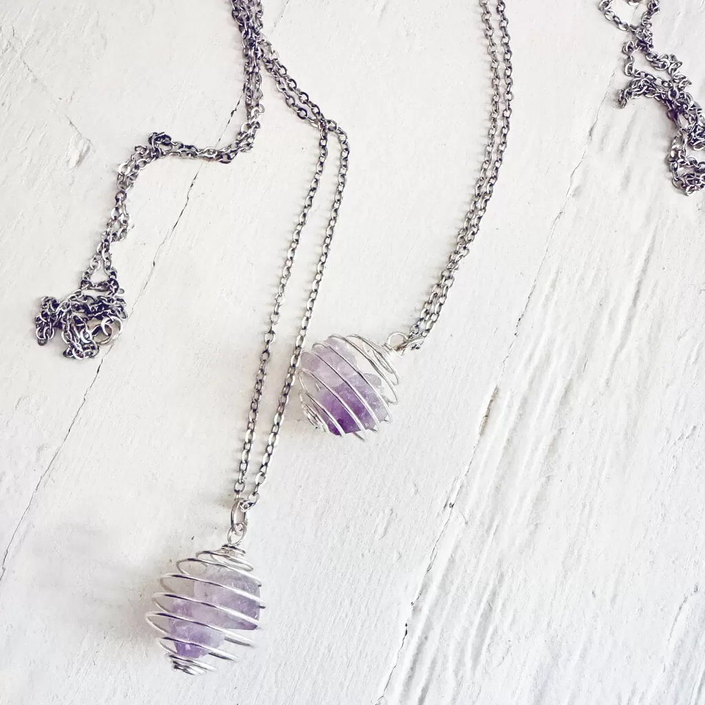 encapsulate silver // caged amethyst quartz crystal gemstone necklace