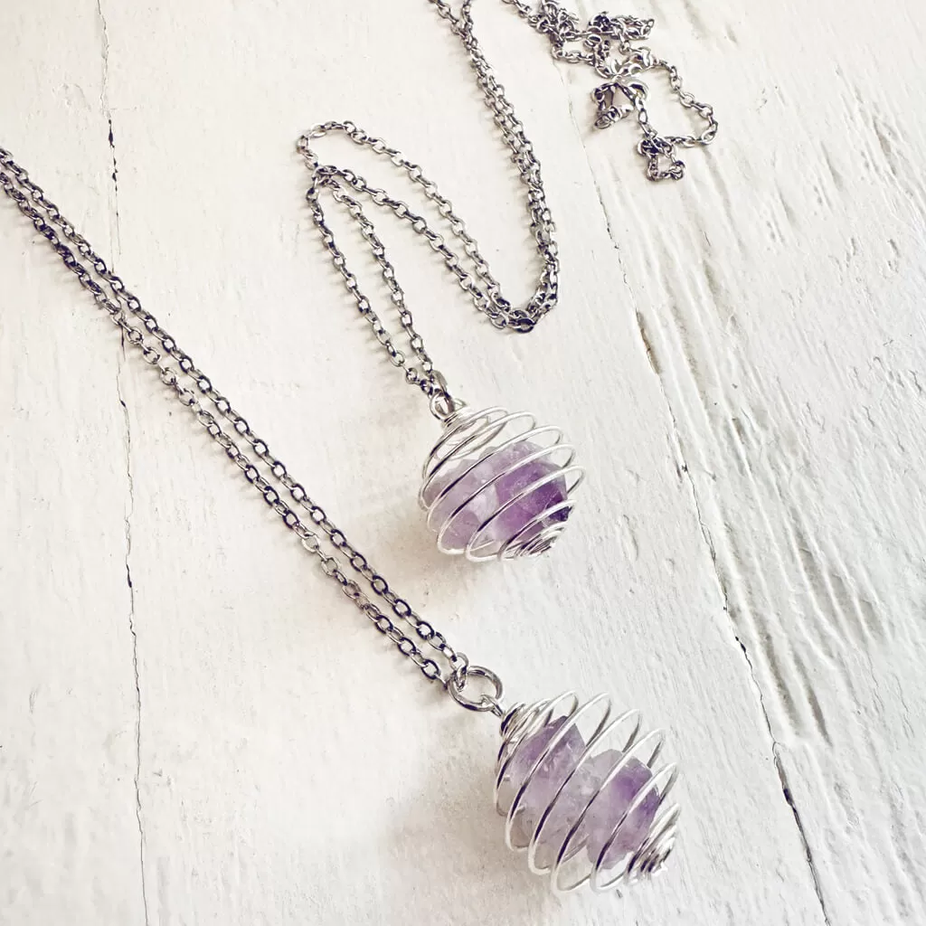 encapsulate silver // caged amethyst quartz crystal gemstone necklace