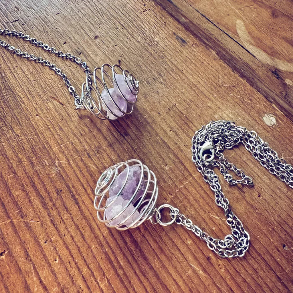 encapsulate silver // caged amethyst quartz crystal gemstone necklace