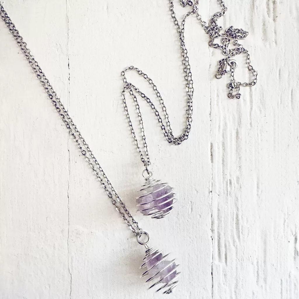 encapsulate silver // caged amethyst quartz crystal gemstone necklace