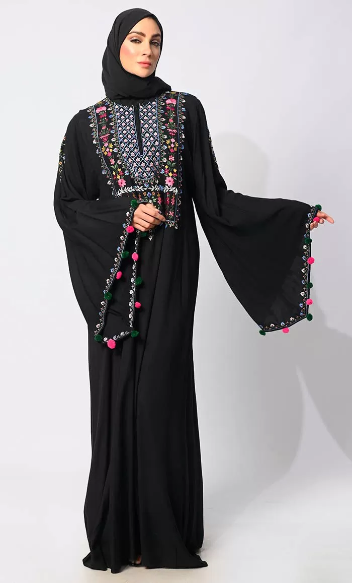 Enchanting Threads: Exquisite Black Embroidered Abaya with and Dramatic Bell Sleeves