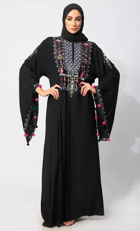 Enchanting Threads: Exquisite Black Embroidered Abaya with and Dramatic Bell Sleeves