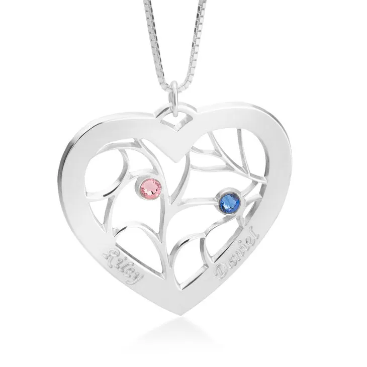 Engraved Heart Family Tree Birthstone Necklace