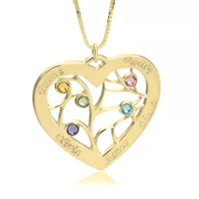 Engraved Heart Family Tree Birthstone Necklace