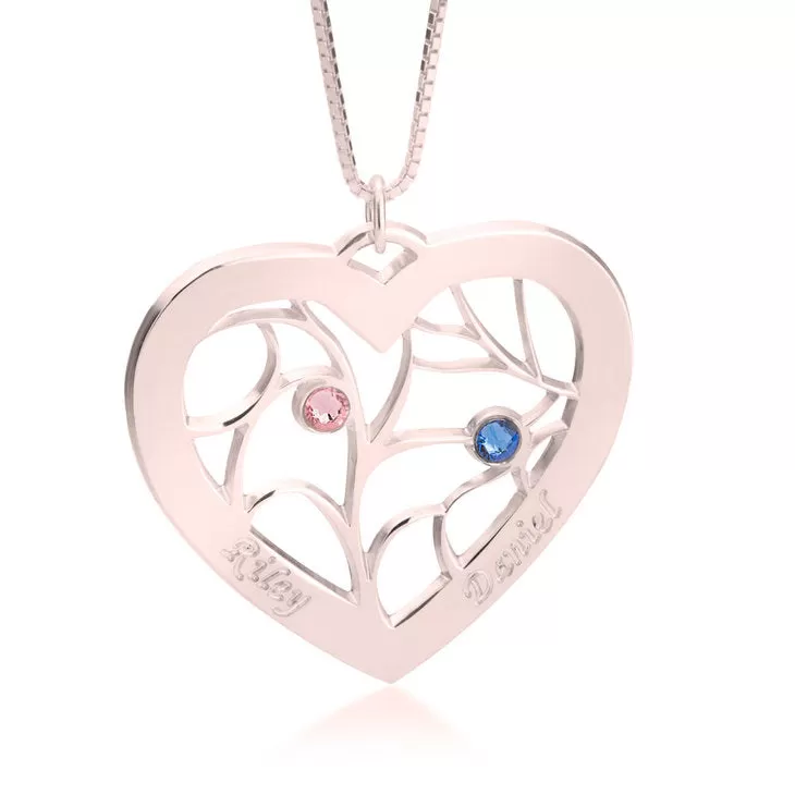 Engraved Heart Family Tree Birthstone Necklace