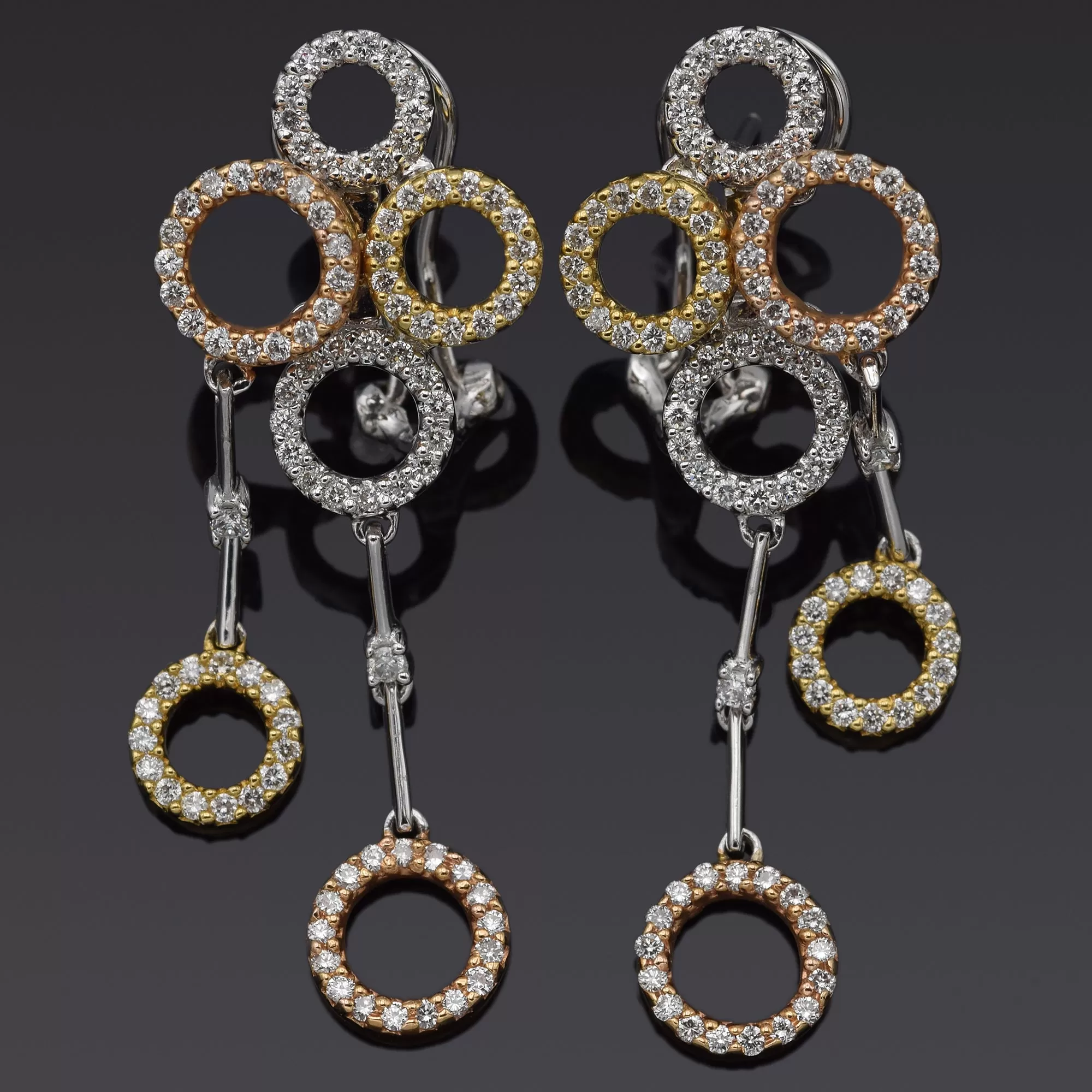 Estate 18K Multi-Tone Gold 1.90 TCW Diamond Circle Omega-Back Drop Earrings