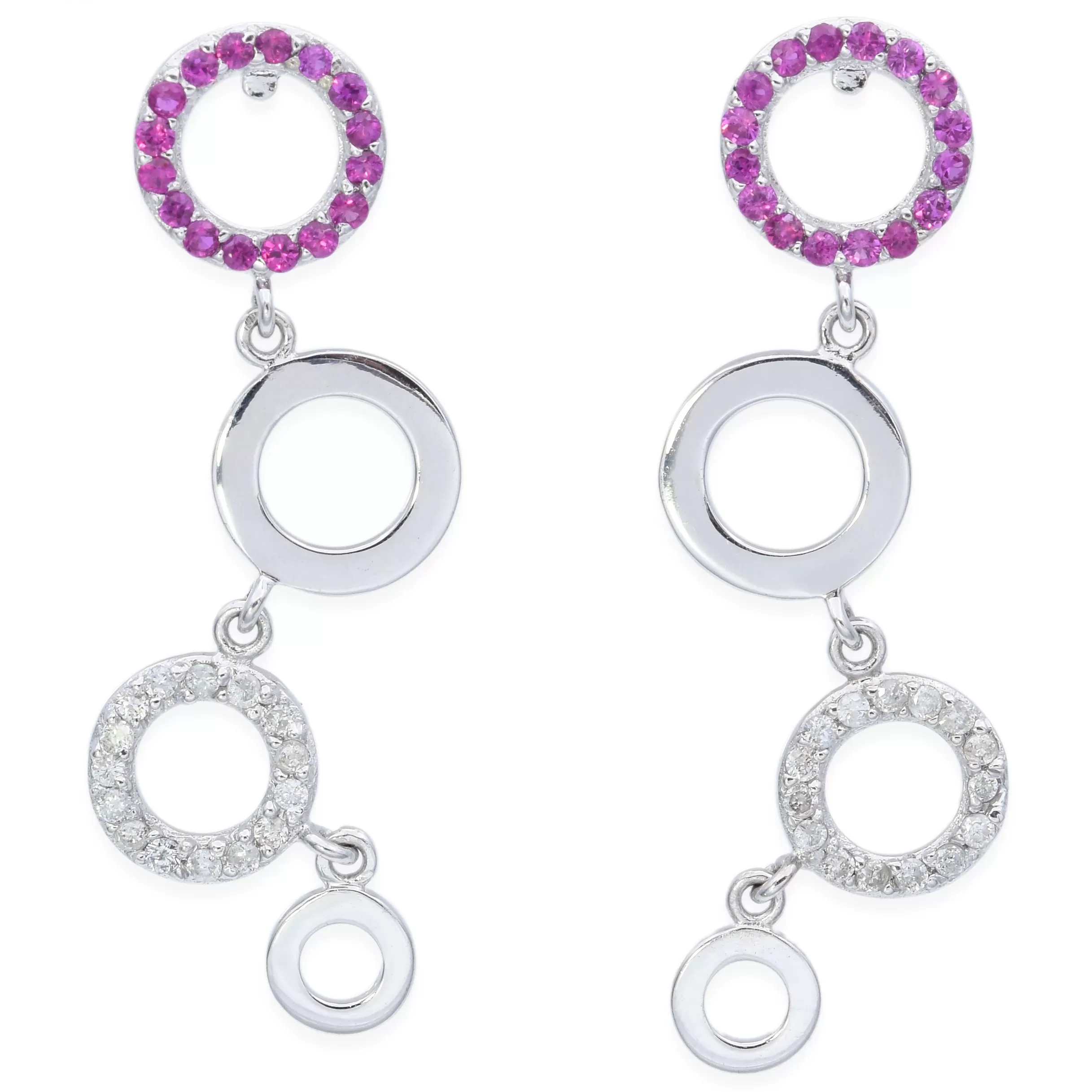 Estate 18K White Gold Ruby & Diamond Circle Dangle Drop Earrings