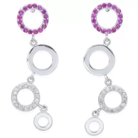 Estate 18K White Gold Ruby & Diamond Circle Dangle Drop Earrings