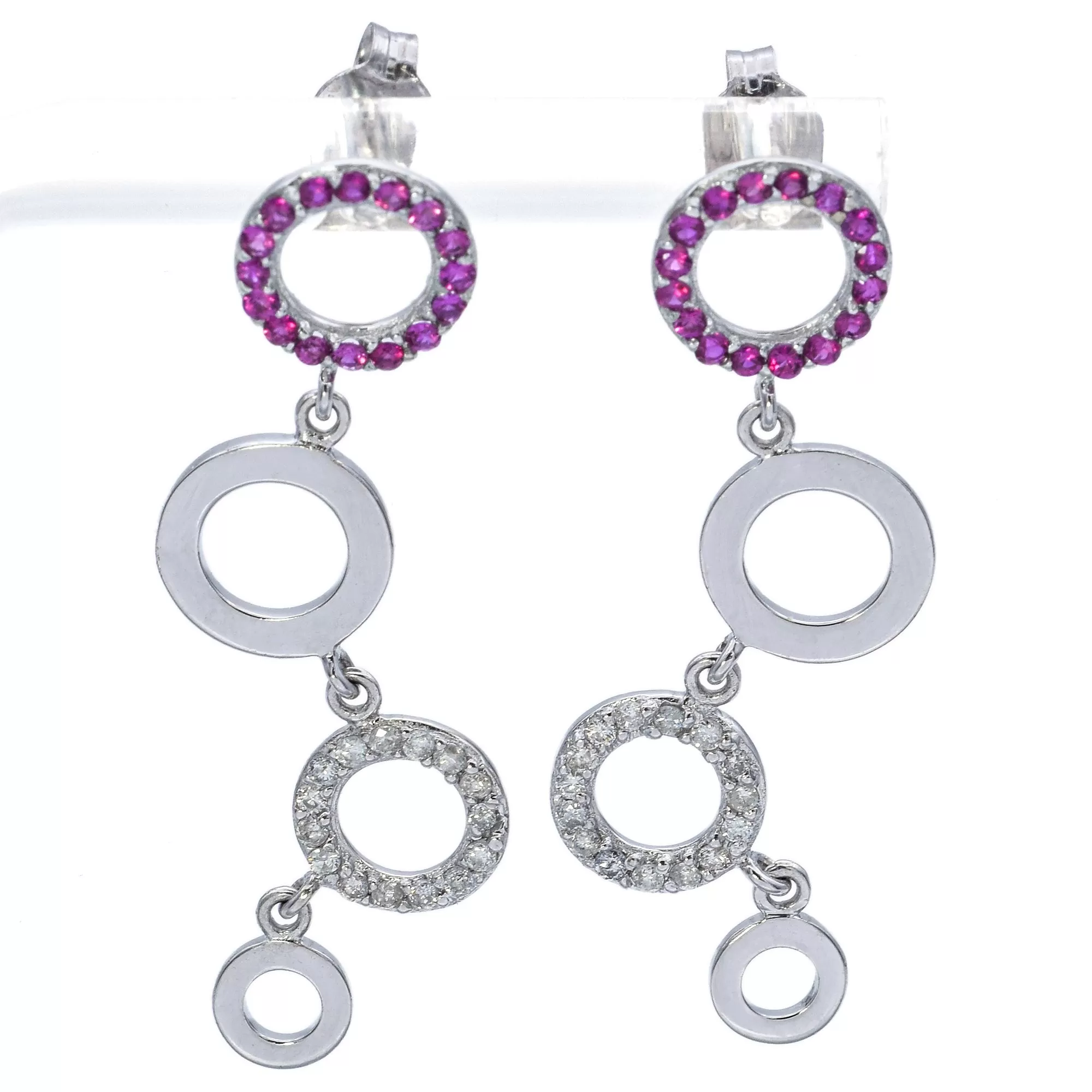 Estate 18K White Gold Ruby & Diamond Circle Dangle Drop Earrings