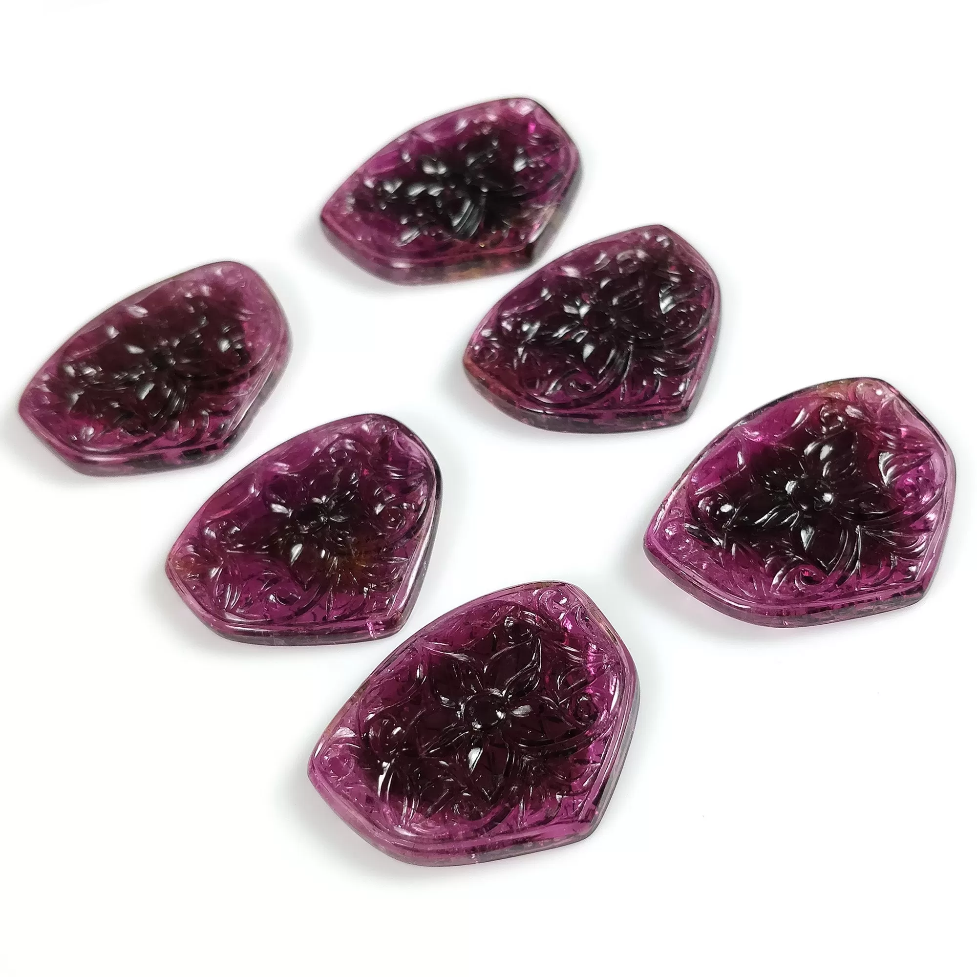 Exclusive Rare RUBELLITE TOURMALINE Gemstone Carving : 160.65cts Natural Untreated Pink Tourmaline Hand Carved Uneven FLOWER 28*25mm - 30*25mm 6pcs Set