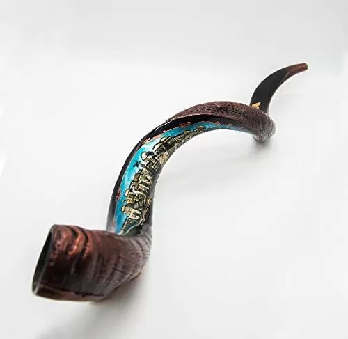 Extra Large Yemenite Shofar horn 40-42 hand painted with City of Jerusalem