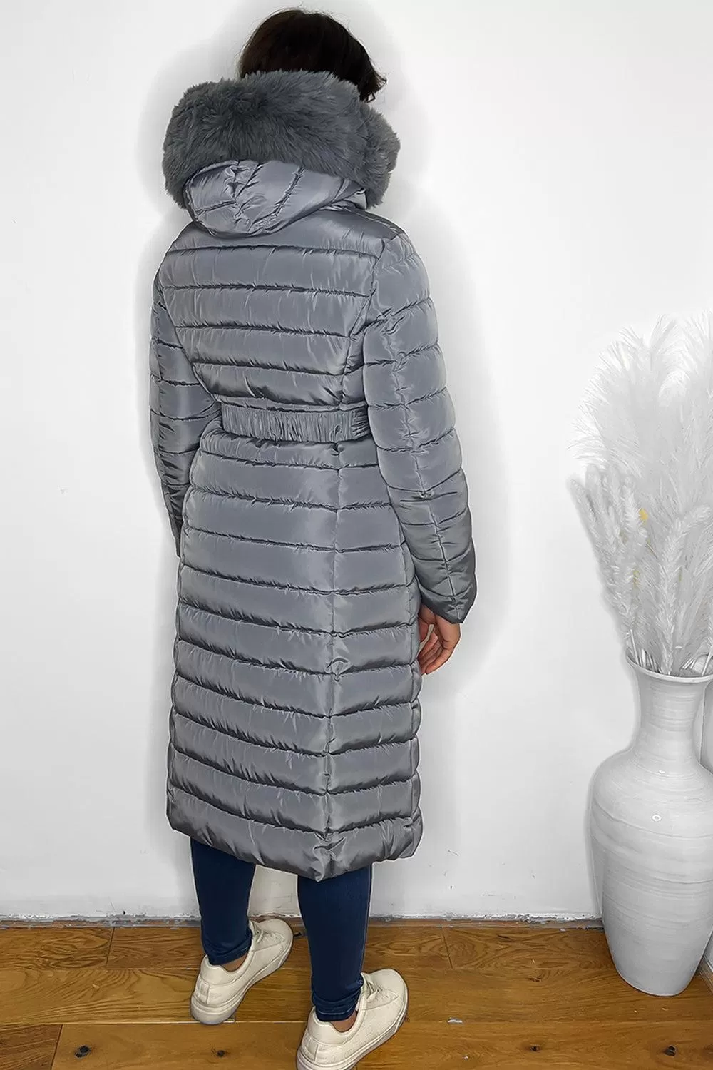 Faux Fur Trimmed Hood Quilted And Belted Shimmer Long Padded Coat