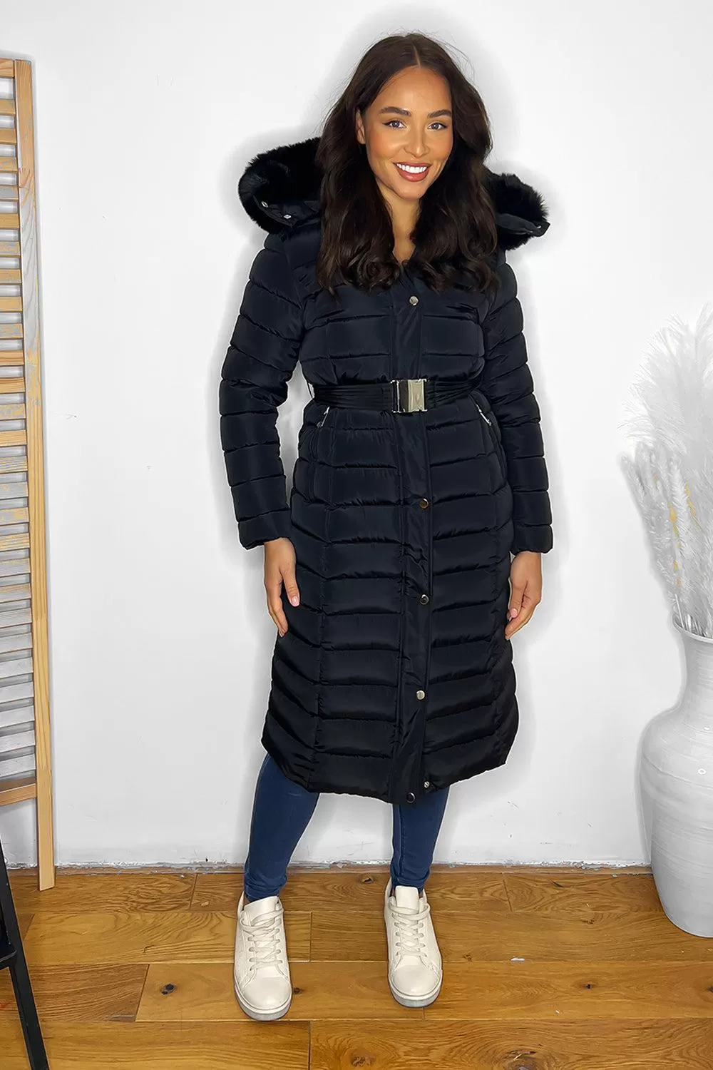 Faux Fur Trimmed Hood Quilted And Belted Shimmer Long Padded Coat