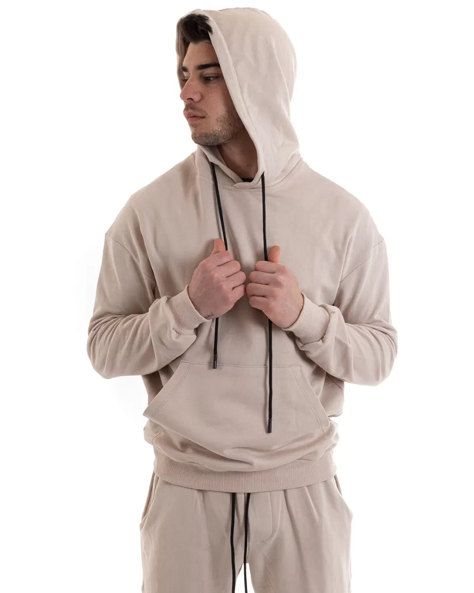 Felpa Con Cappuccio Uomo Basic Tinta Unita Beige Comoda Relaxed Fit Cotone GIOSAL-F2984A