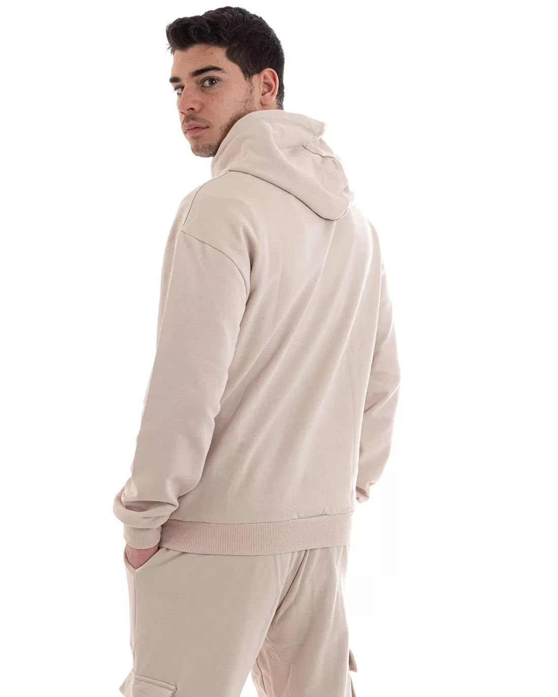 Felpa Con Cappuccio Uomo Basic Tinta Unita Beige Comoda Relaxed Fit Cotone GIOSAL-F2984A