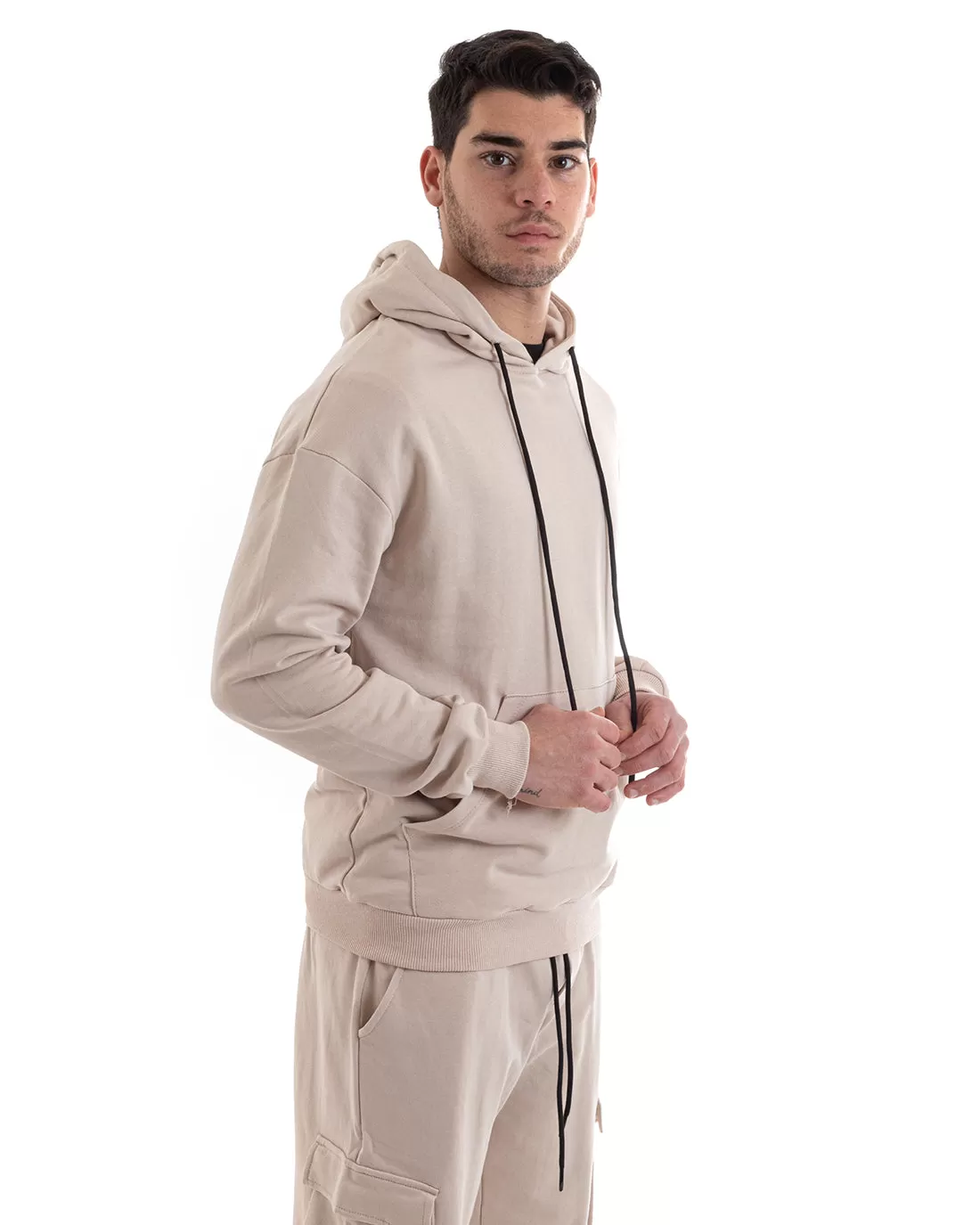 Felpa Con Cappuccio Uomo Basic Tinta Unita Beige Comoda Relaxed Fit Cotone GIOSAL-F2984A