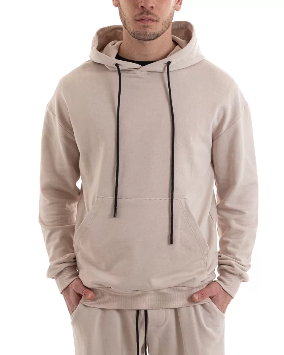 Felpa Con Cappuccio Uomo Basic Tinta Unita Beige Comoda Relaxed Fit Cotone GIOSAL-F2984A