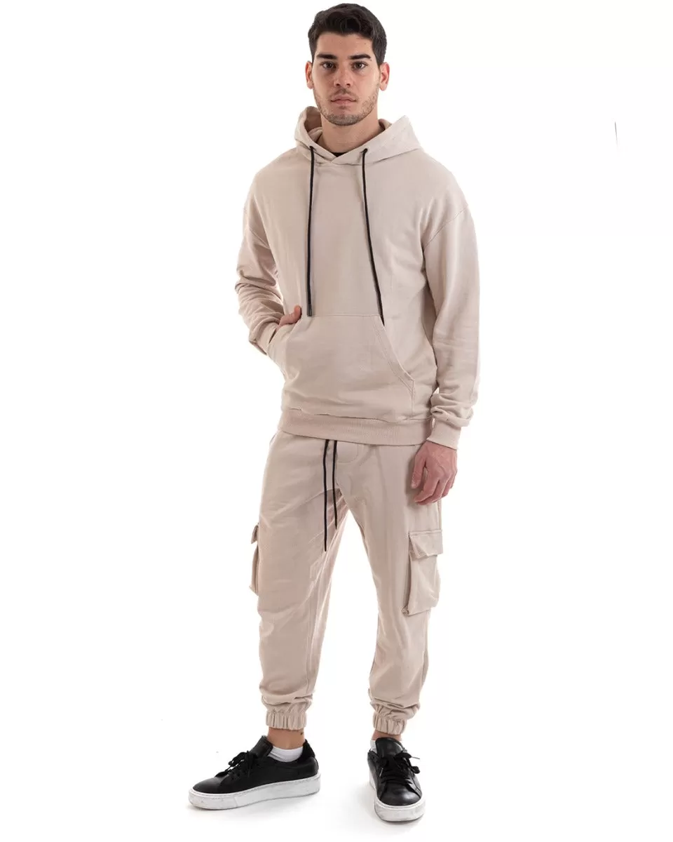 Felpa Con Cappuccio Uomo Basic Tinta Unita Beige Comoda Relaxed Fit Cotone GIOSAL-F2984A