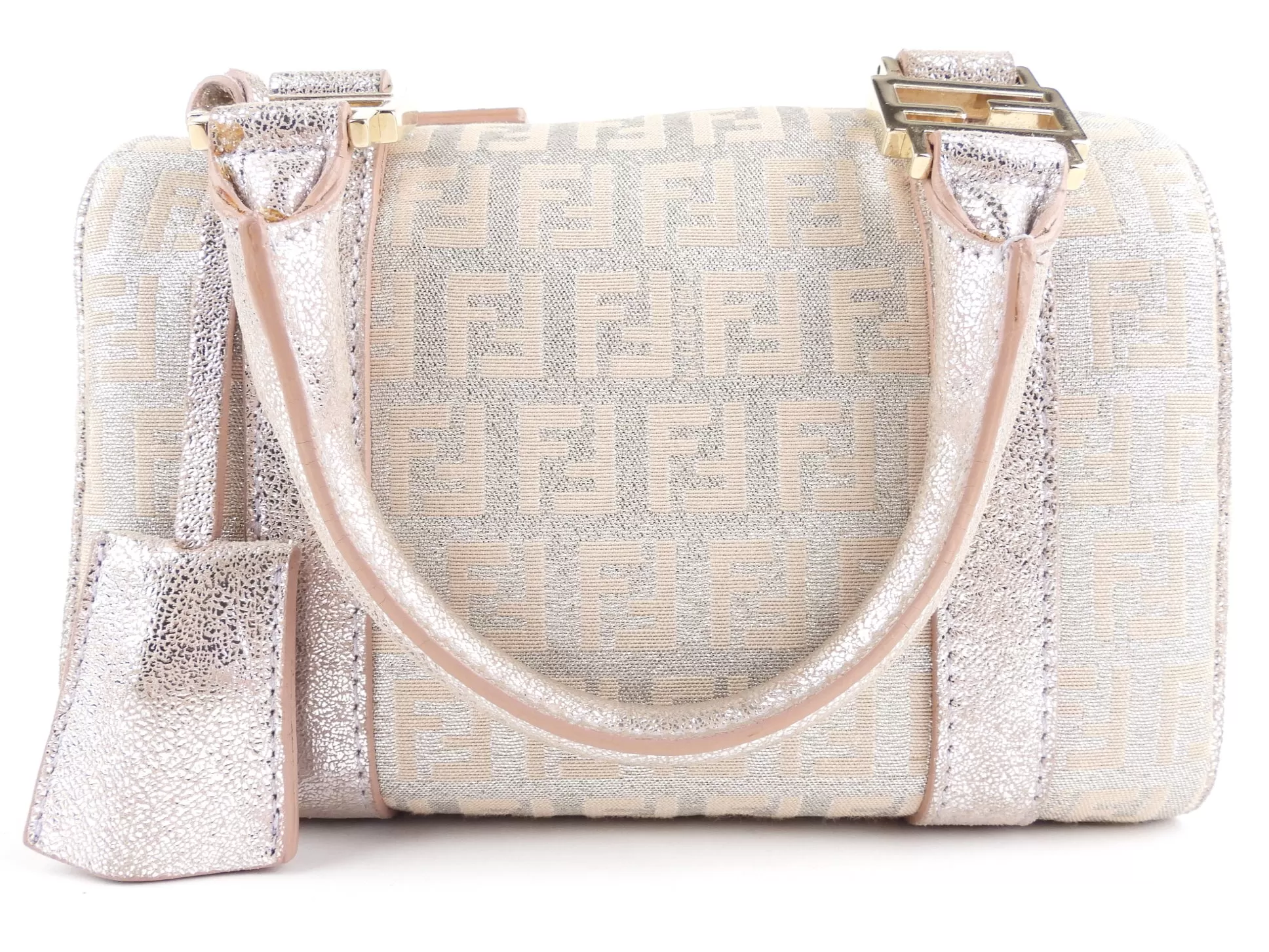 Fendi Metallic Pink Zucchino Shimmer Canvas FF Monogram Boston Bag