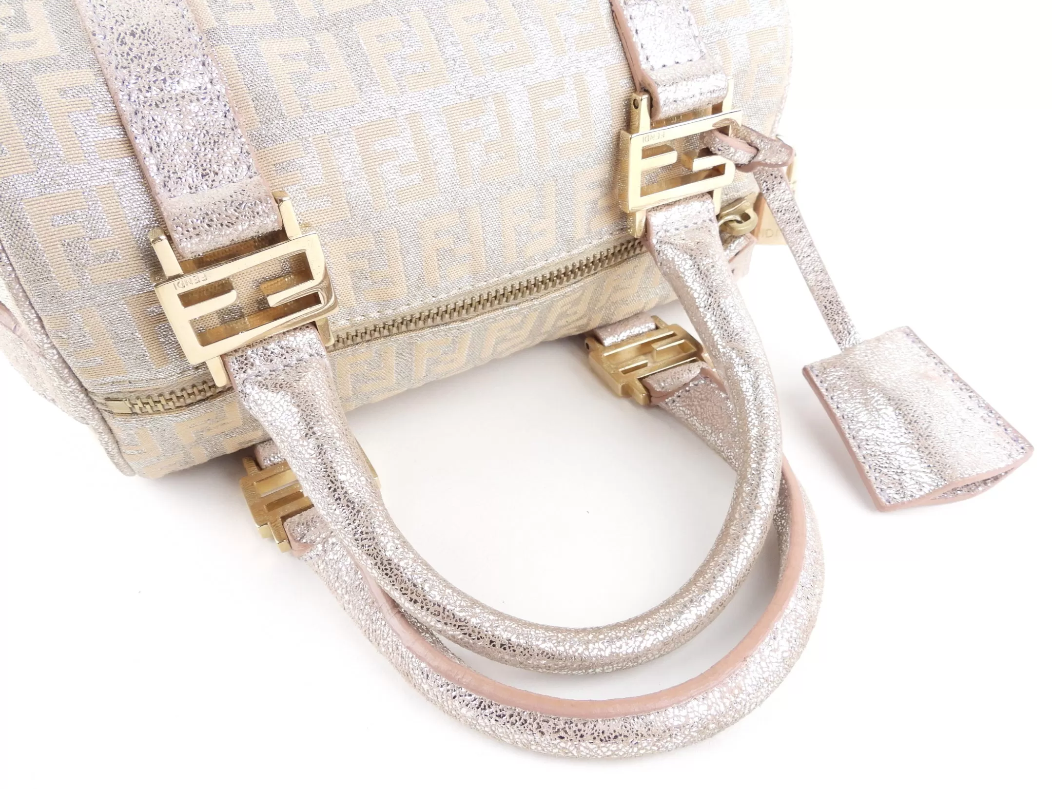 Fendi Metallic Pink Zucchino Shimmer Canvas FF Monogram Boston Bag