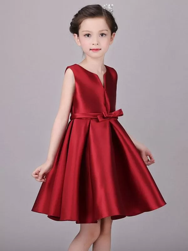 Flower Girl Dresses Satin Sleeveless Knee Length Princess Silhouette Kids Social Party Dresses