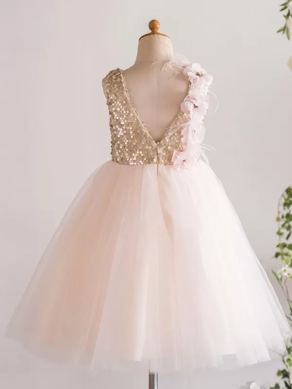 Flower Girl Dresses Tulle Sleeveless Knee Length Princess Silhouette Flowers Kids Party Dress