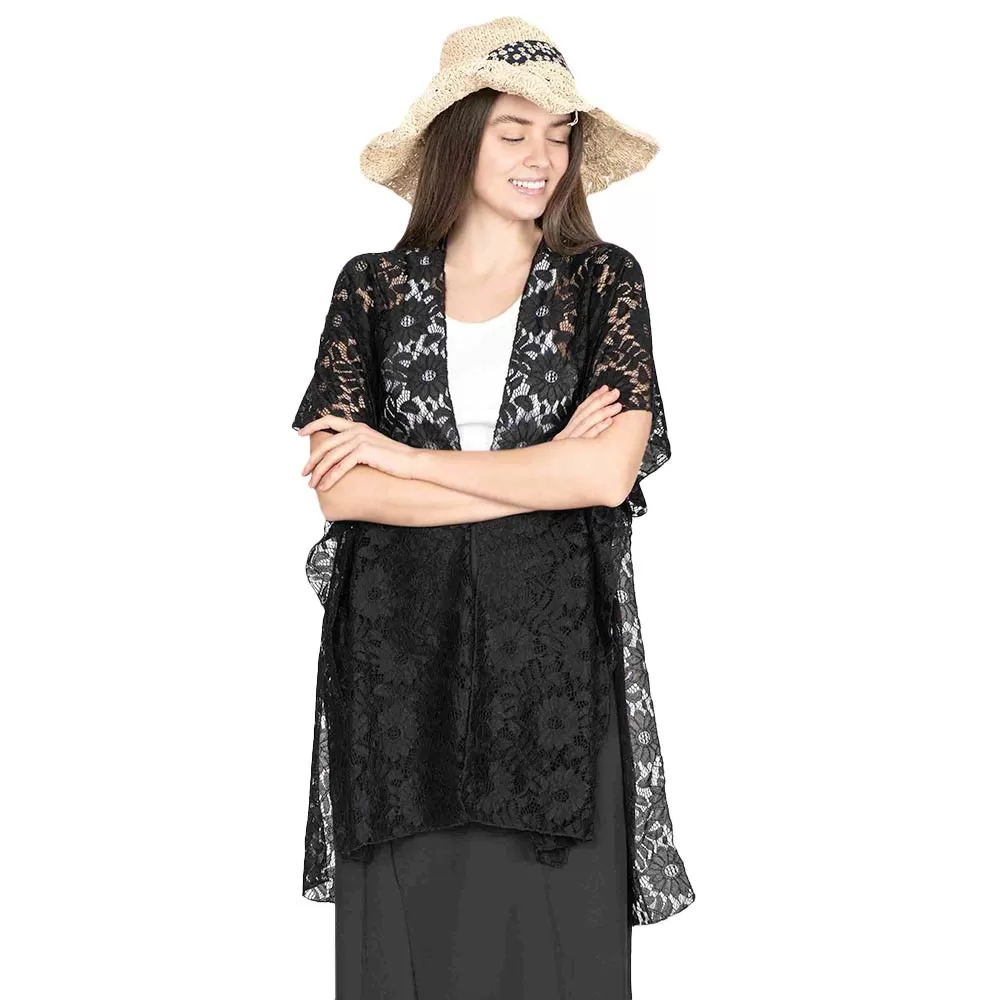 Flower Leaf Patterned Lace Cover Up Kimono Poncho