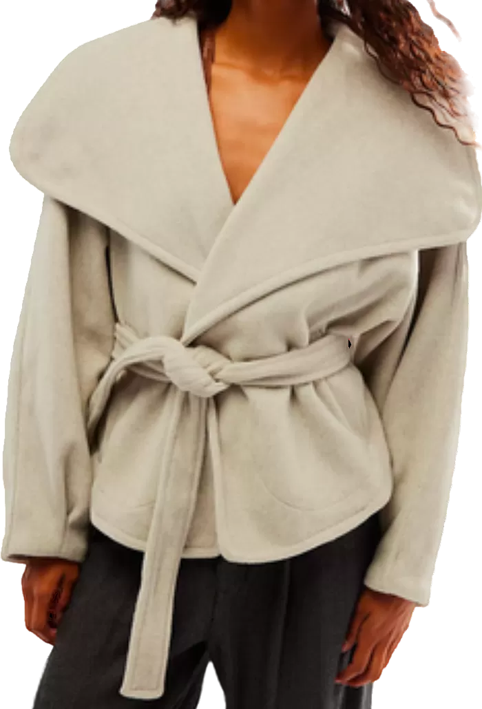 Free People Beige Stone Cashmere-feel Belted Jacket UK M